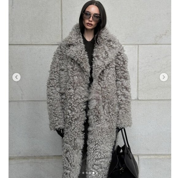💥SHOWSTOPPER!💥Vegan Persian Curly Lamb Fur Longline Coat in Gray - Picture 4 of 15